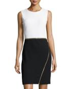 Zipper-trim Colorblock Sheath Dress, White/black