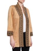 Embroidered Faux-suede Open-front Jacket