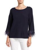 Cashmere Boat-neck 3/4-sleeve Sweater With Ostrich Feathers