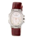 Classic Chronograph Watch W/ Diamonds & Leather Strap. Red Wine
