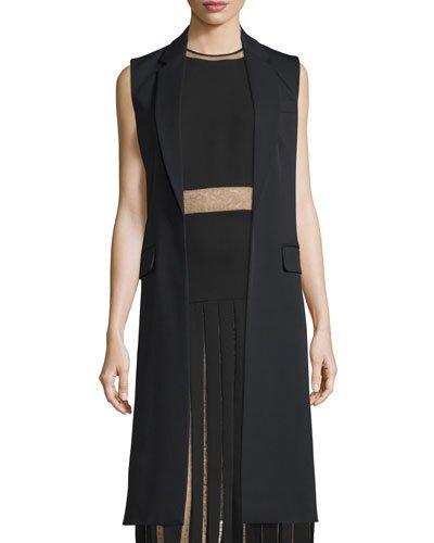 Notched-lapel Open-front Long Vest, Black