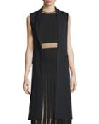 Notched-lapel Open-front Long Vest, Black