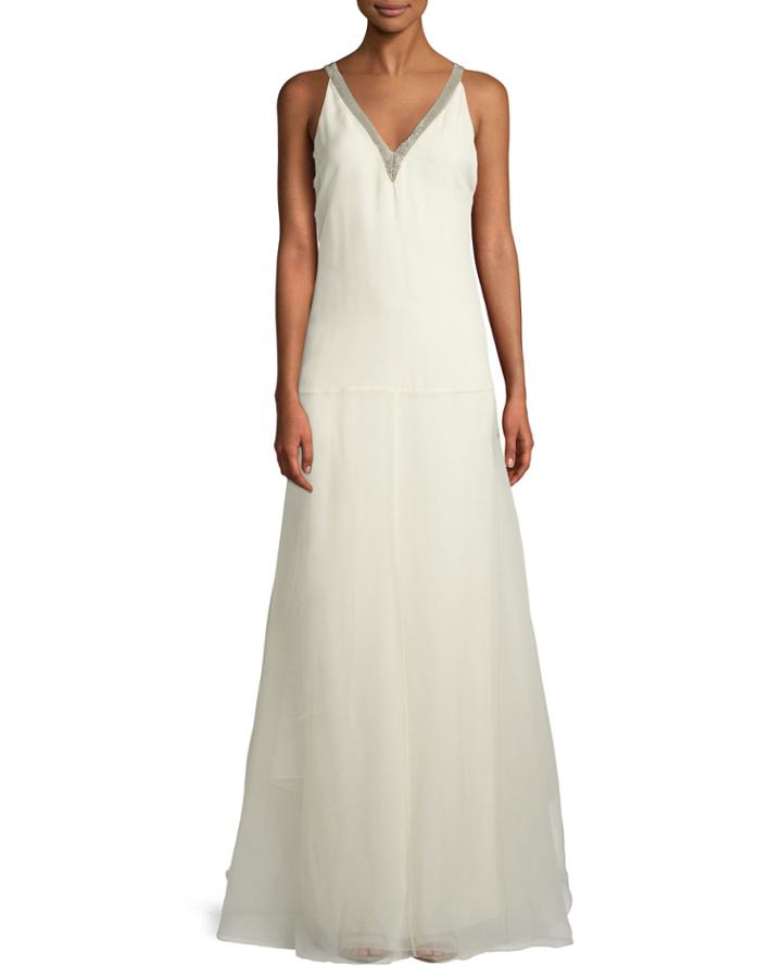 Sleeveless V-neck Silk Drop-waist Evening Gown