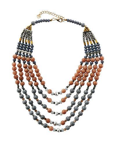 Multi-strand Agate & Crystal Beaded Necklace, Gray/nude