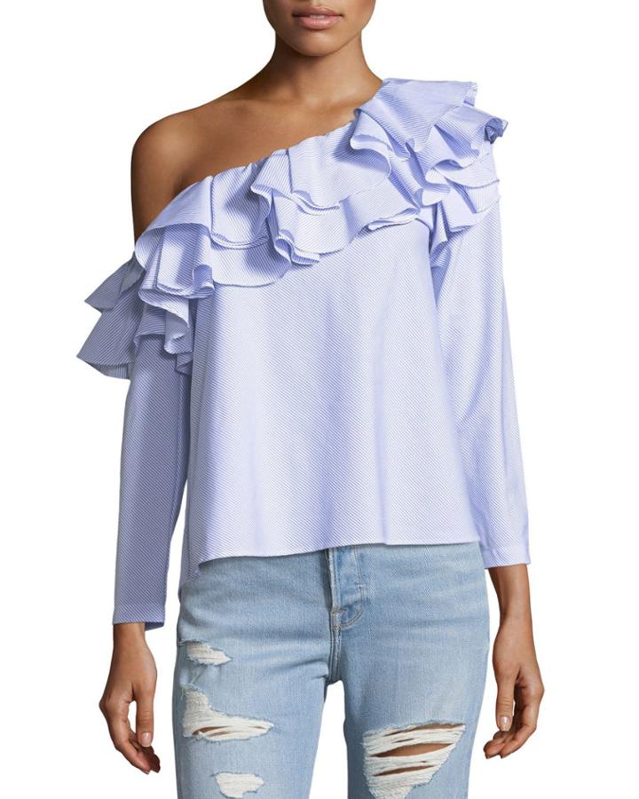Dahlia One-shoulder Ruffled Narrow-striped Poplin Top