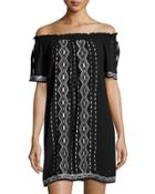 Embroidered Off-the-shoulder Dress, Black/white