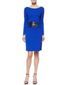 Drop-waist Croc-embossed Belted Dress