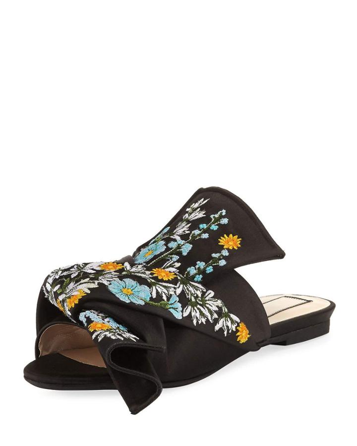 Embroidered Satin Bow Mule Flat, Black