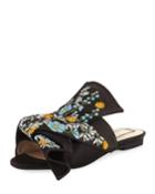 Embroidered Satin Bow Mule Flat, Black
