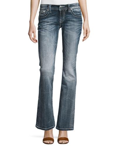 Faded Boot-cut Embroidered Denim Jeans, Medium Wash