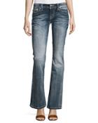 Faded Boot-cut Embroidered Denim Jeans, Medium Wash