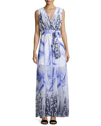 Printed Self-tie Maxi Dress, Blue