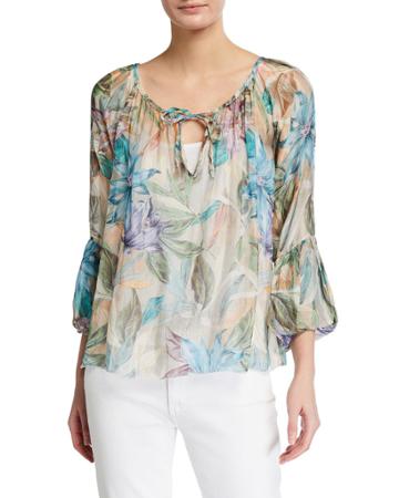 Printed 3/4 Bubble Sleeve Silk-blend Blouse
