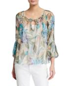 Printed 3/4 Bubble Sleeve Silk-blend Blouse