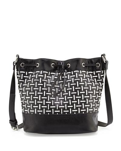 Nadia Faux-leather Woven Drawstring Bucket Bag, Black/white