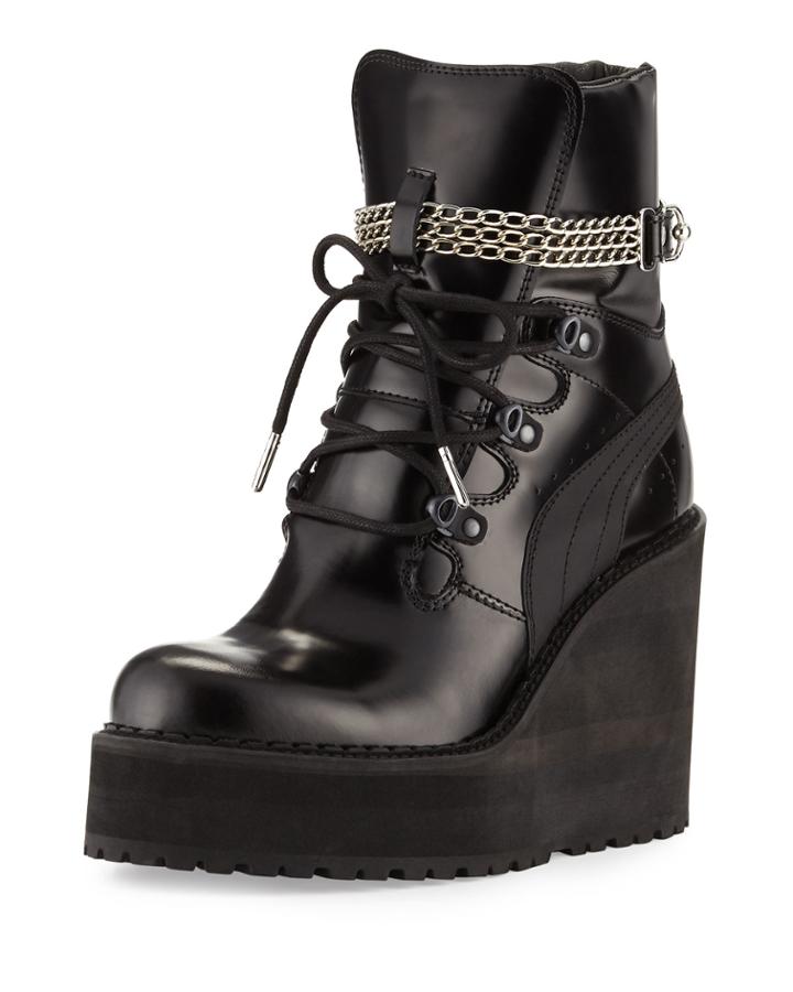 Leather Wedge Chain Ankle Boot, Black