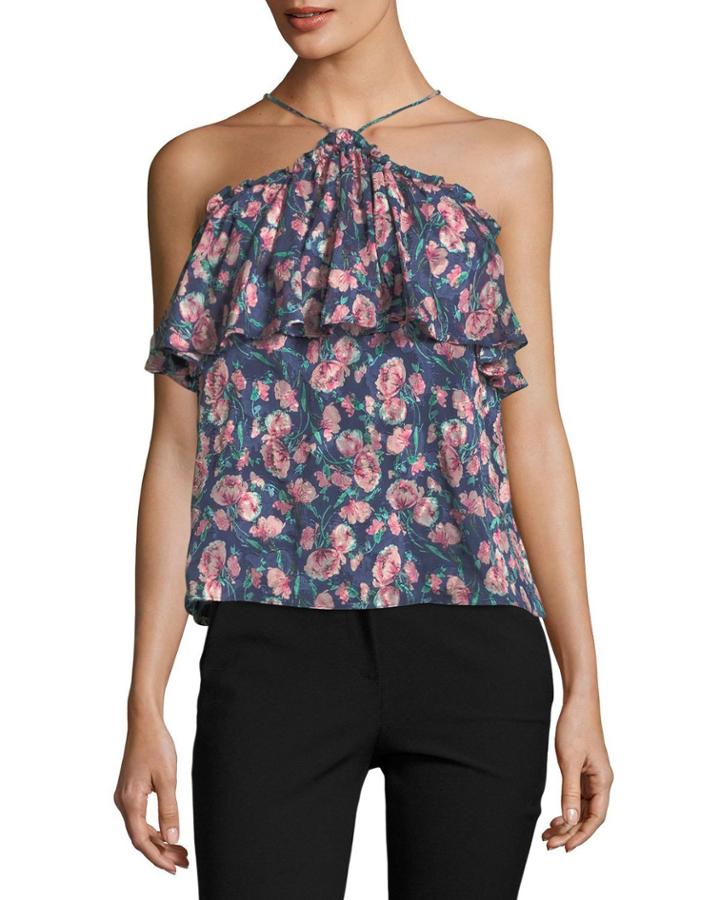 Halter-neck Sleeveless Rose-print Tank Top