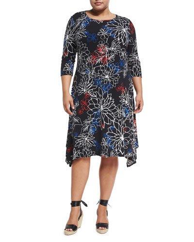 3/4-sleeve Coastline Floral-print Dress,