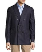 Double-breasted Wool-blend Jacket, Navy Blue