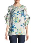 3/4-ruffled Sleeve Floral Blouse