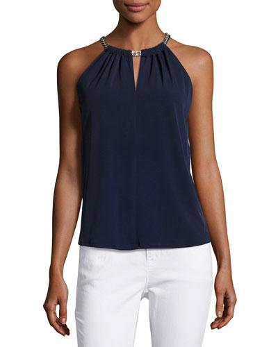 Chain-neck Knit Halter Top, Navy
