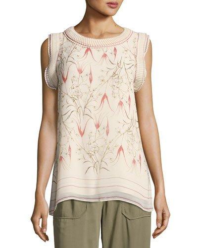 Pleated-trim Printed Georgette Blouse, White/red