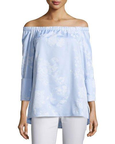 Amy Floral-print Off-the-shoulder Chambray Blouse,