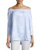 Amy Floral-print Off-the-shoulder Chambray Blouse,