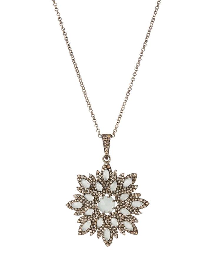 Long Aquamarine Snowflake Pendant Necklace W/ Diamonds