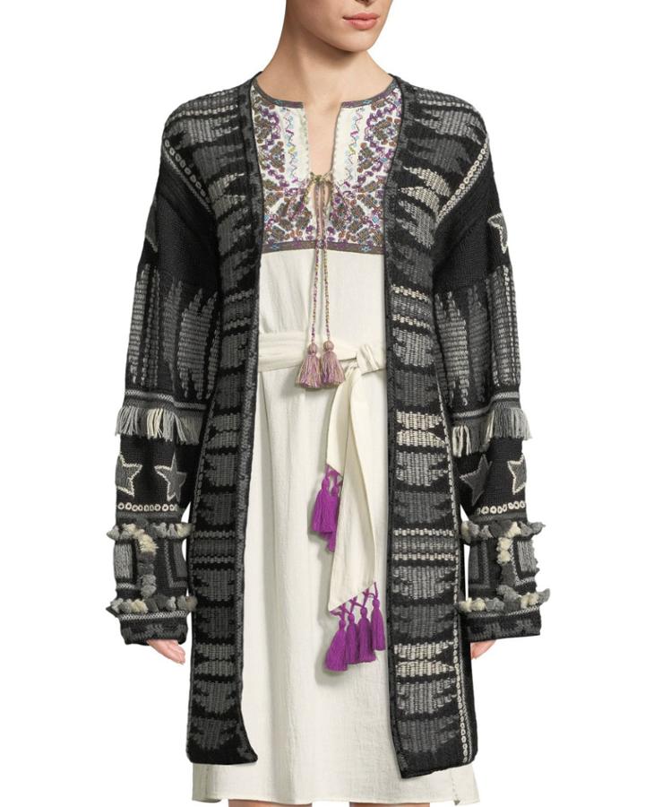 Talaya Open-front Intarsia Wool Cardigan W/ Fringe & Tassel Trim
