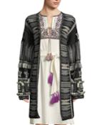Talaya Open-front Intarsia Wool Cardigan W/ Fringe & Tassel Trim