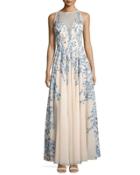 Floral-embroidered Sleeveless Gown, Blue/white