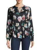 Floral-print Lace-up Blouse, Black Pattern