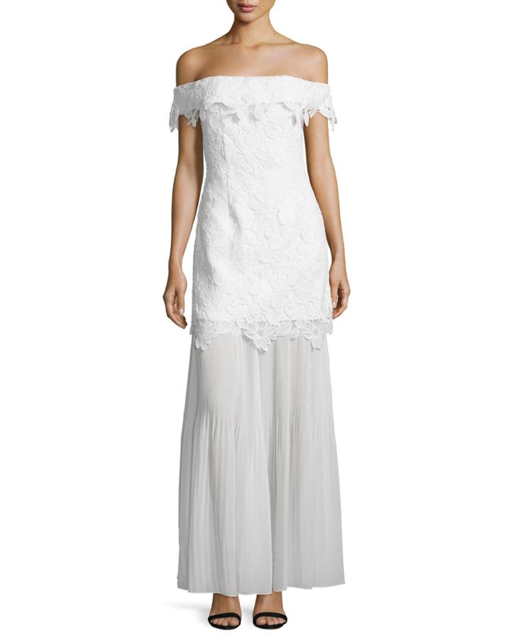Off-the-shoulder Guipure Lace Bridal Gown, White