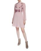 Mock-neck Long-sleeve Embroidered-bodice Dress