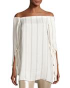 Striped Tie-sleeve Off-the-shoulder Top, Tan