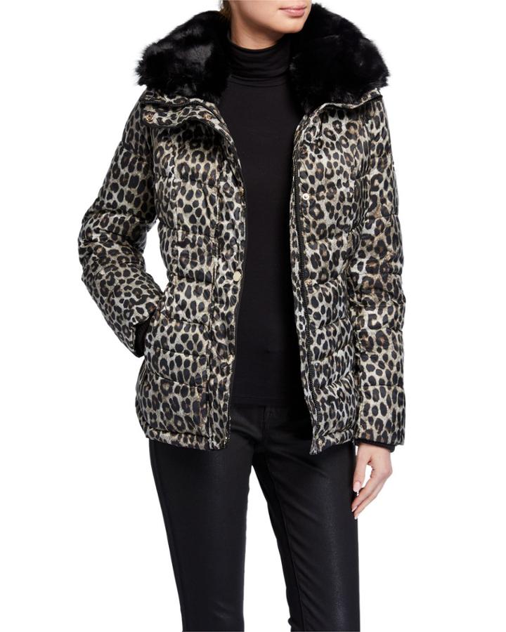 Leopard Faux Fur Collar Hooded Puffer Coat