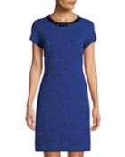 Short-sleeve Floral-jacquard Necklace Dress
