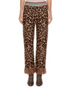 Leopard Intarsia Knit Straight-leg Pants W/ Fringe Cuff