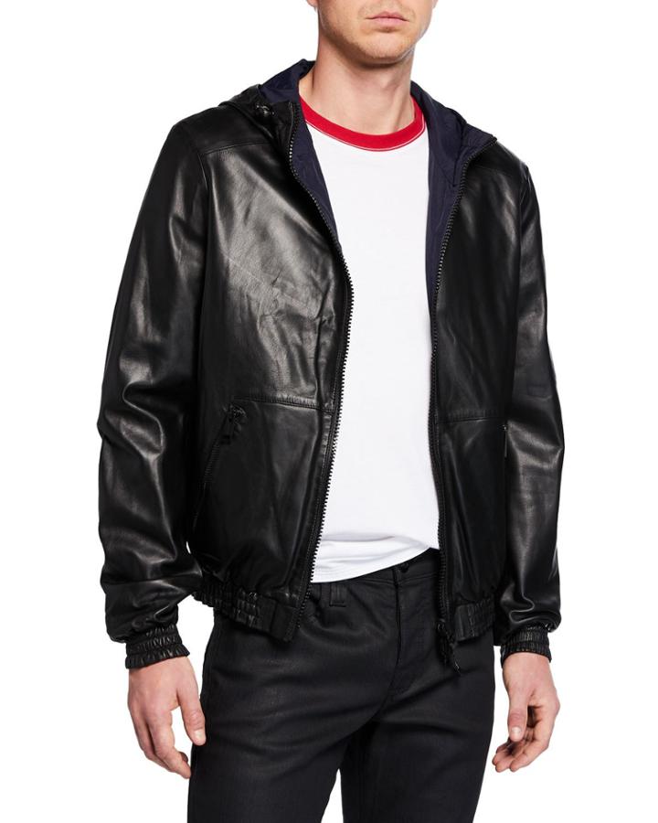 Men's Reversible Leather/nylon Hoodie Jacket