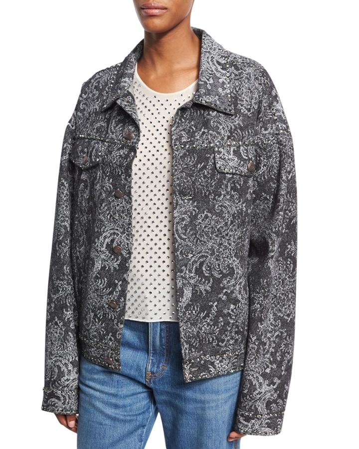Oversized Lace-print Denim Bomber Jacket, Black