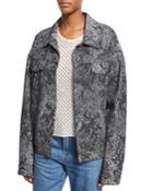 Oversized Lace-print Denim Bomber Jacket, Black