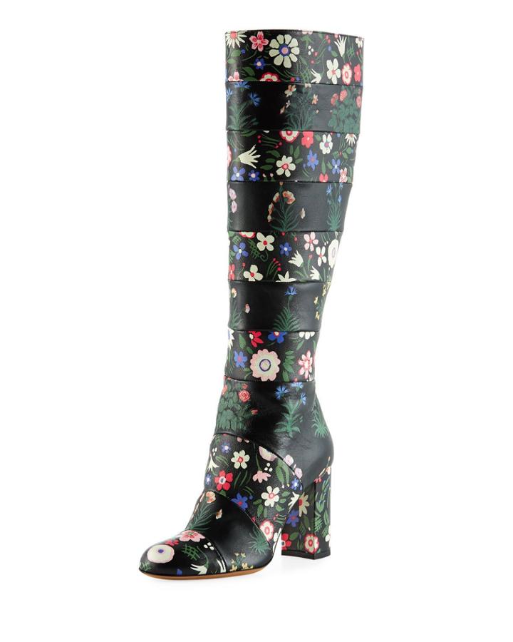 Floral-painted Leather Knee-high Boots