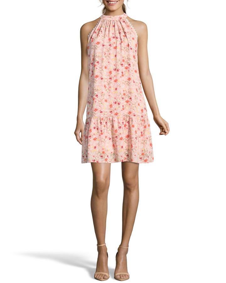 Mock-neck Floral Trapeze Dress