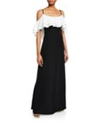 Colorblock Cold-shoulder Ruffle Crepe Gown