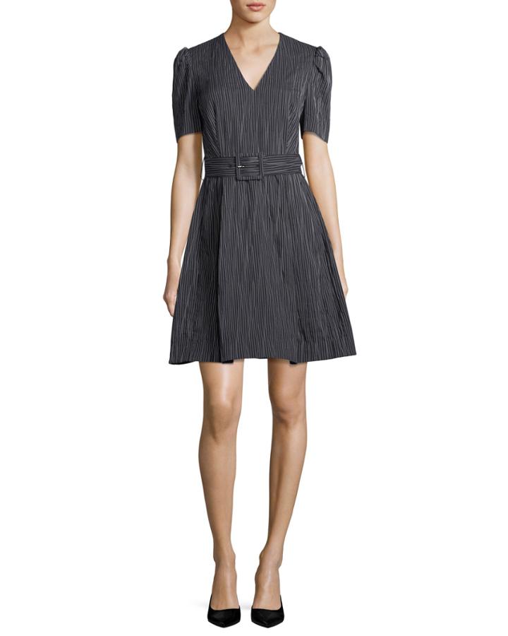 V-neck Short-sleeve Belted Striped Crinkle Cotton Dress