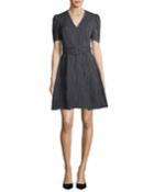 V-neck Short-sleeve Belted Striped Crinkle Cotton Dress