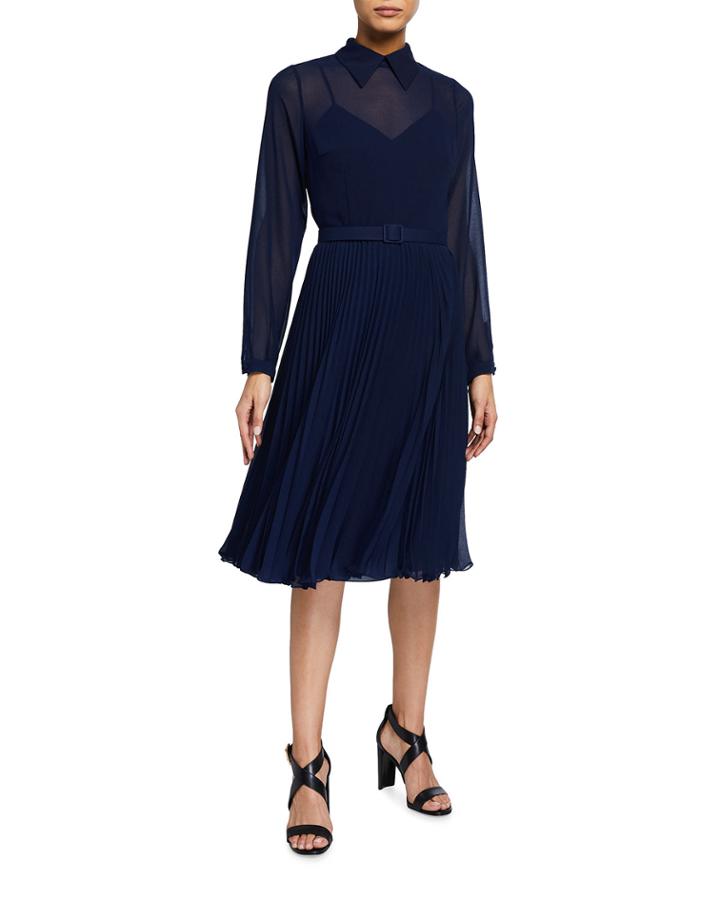 Midi Semisheer Pleated Skirt Cocktail Dress
