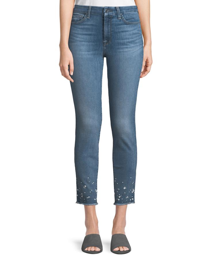 Ankle Skinny Jeans W/ Crystal Hem