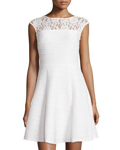 Cap-sleeve Lace-yoke Dress, White